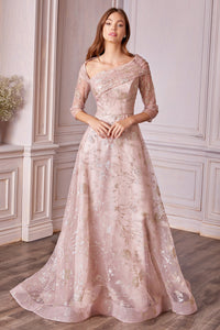 Golden Foliage Decorations Elegant Modest A-line Skirt Detailed Neckline Mother of Bride Dress CDA1030-2