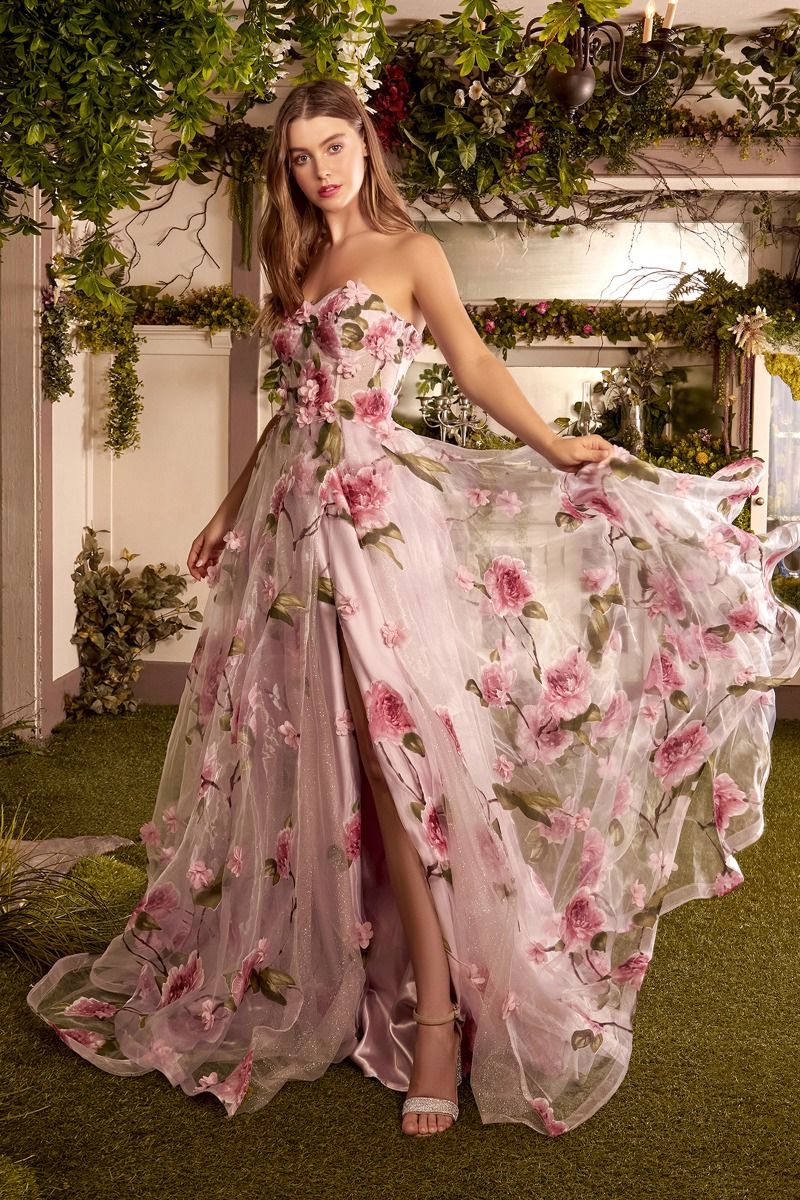 Portrait Of A Rose Printed Organza Side Slit Open Back Long Prom Dress CDA1035-3
