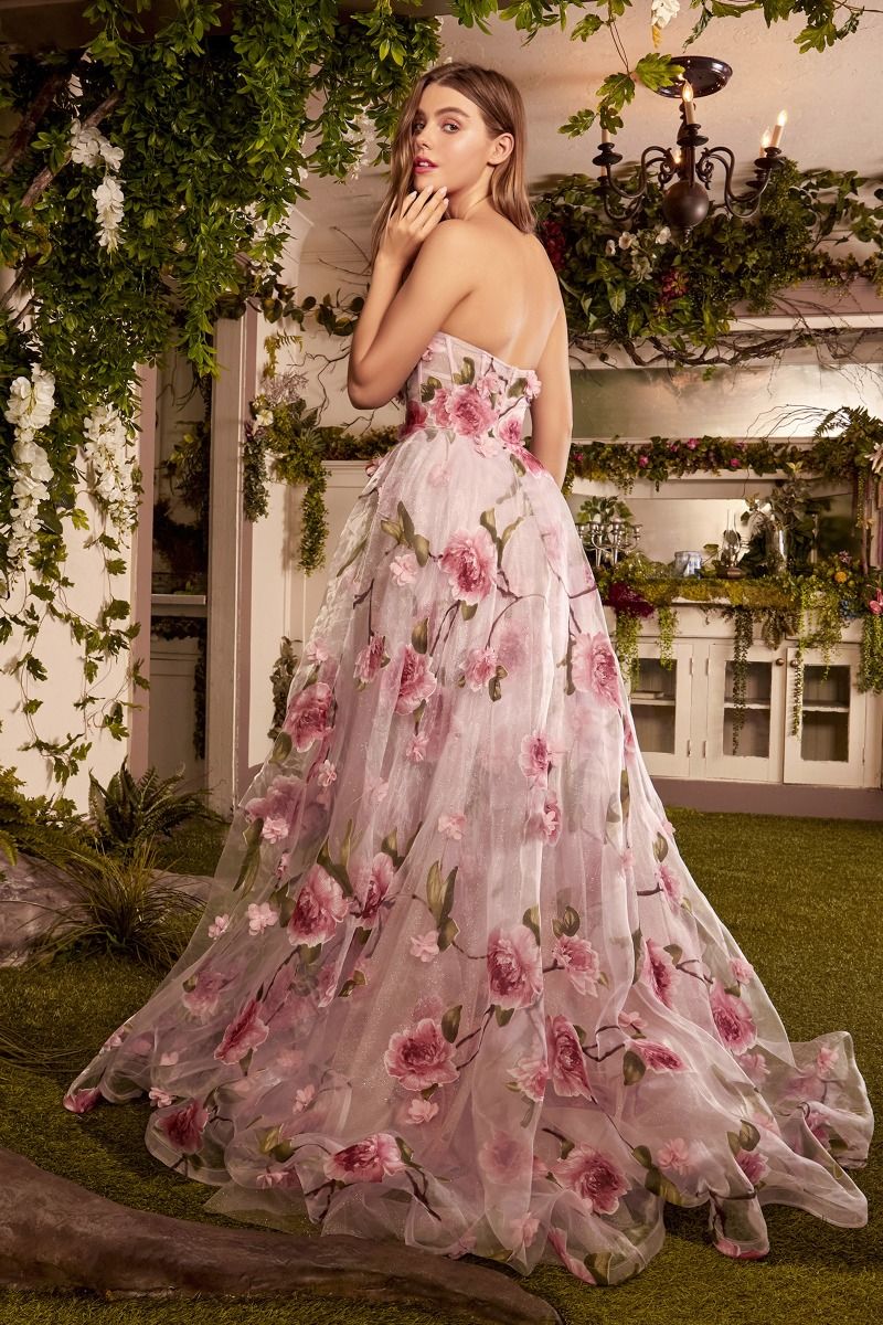 Portrait Of A Rose Printed Organza Side Slit Open Back Long Prom Dress CDA1035-2
