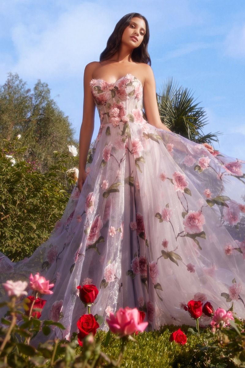 Portrait Of A Rose Printed Organza Side Slit Open Back Long Prom Dress CDA1035-0