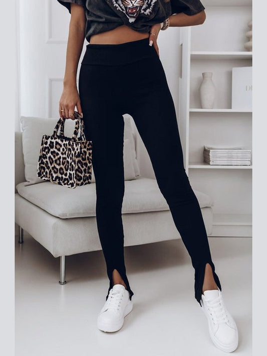 High Waist Ribbed Slit Leggings Pants LoveAdora