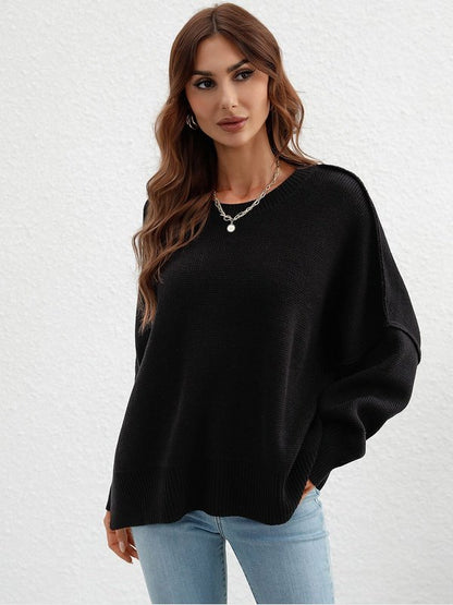 Exposed Seam Dropped Shoulder Slit Sweater Sweaters, Pullovers, Jumpers, Turtlenecks, Boleros, Shrugs LoveAdora