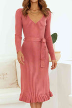 Load image into Gallery viewer, Ribbed V-Neck Tie Waist Pencil Dress