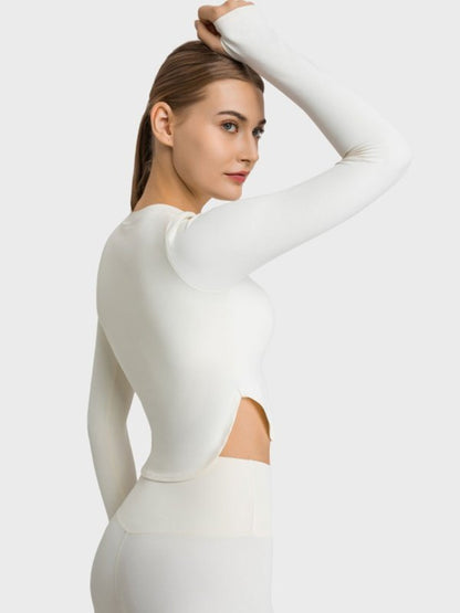 Side Slit Long Sleeve Round Neck Crop Top Activewear LoveAdora