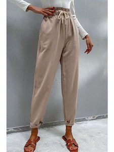 Drawstring Paperbag Waist Button Detail Pants Pants LoveAdora