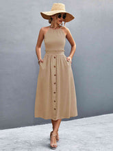 Load image into Gallery viewer, Buttoned Halter Neck Frill Trim Midi Dress