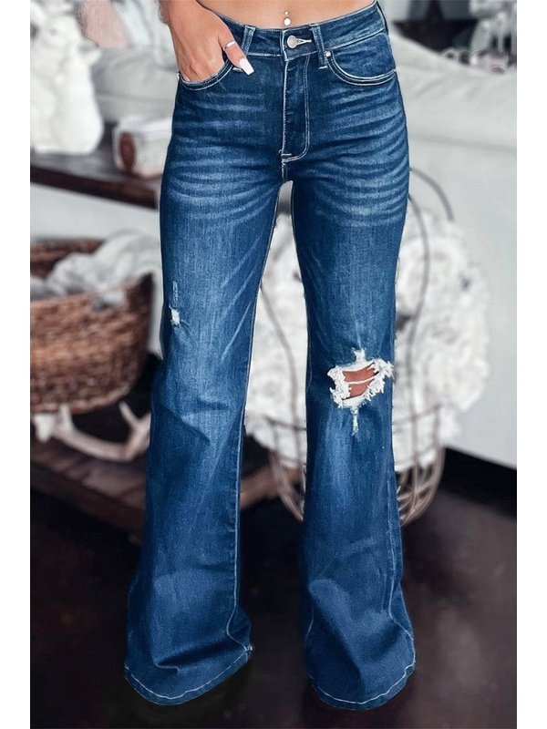 Asymmetrical Open Knee Distressed Flare Jeans Denim Jeans LoveAdora