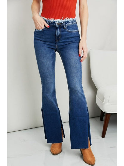 Zenana Frayed Trim Side Slit Jeans Denim Jeans LoveAdora