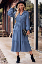Load image into Gallery viewer, Collared Neck Long Sleeve Midi Dress