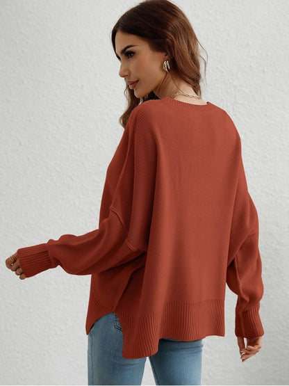 Exposed Seam Dropped Shoulder Slit Sweater Sweaters, Pullovers, Jumpers, Turtlenecks, Boleros, Shrugs LoveAdora