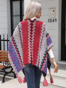 Striped Open Front Poncho with Tassels Ponchos LoveAdora