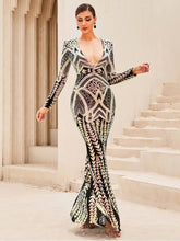 Load image into Gallery viewer, Sequin Long Sleeve Deep V Fishtail Dress Evening Gown LoveAdora