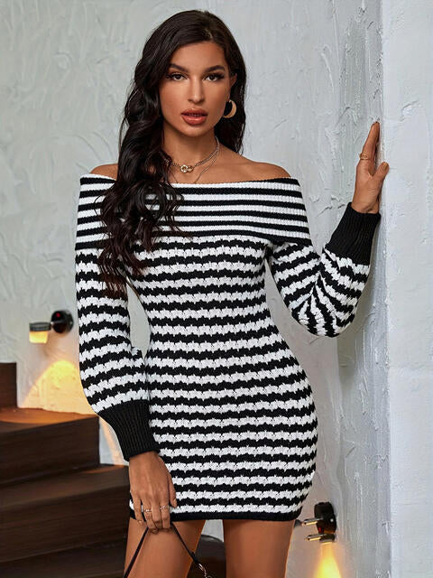 Striped Off-Shoulder Sweater Dress