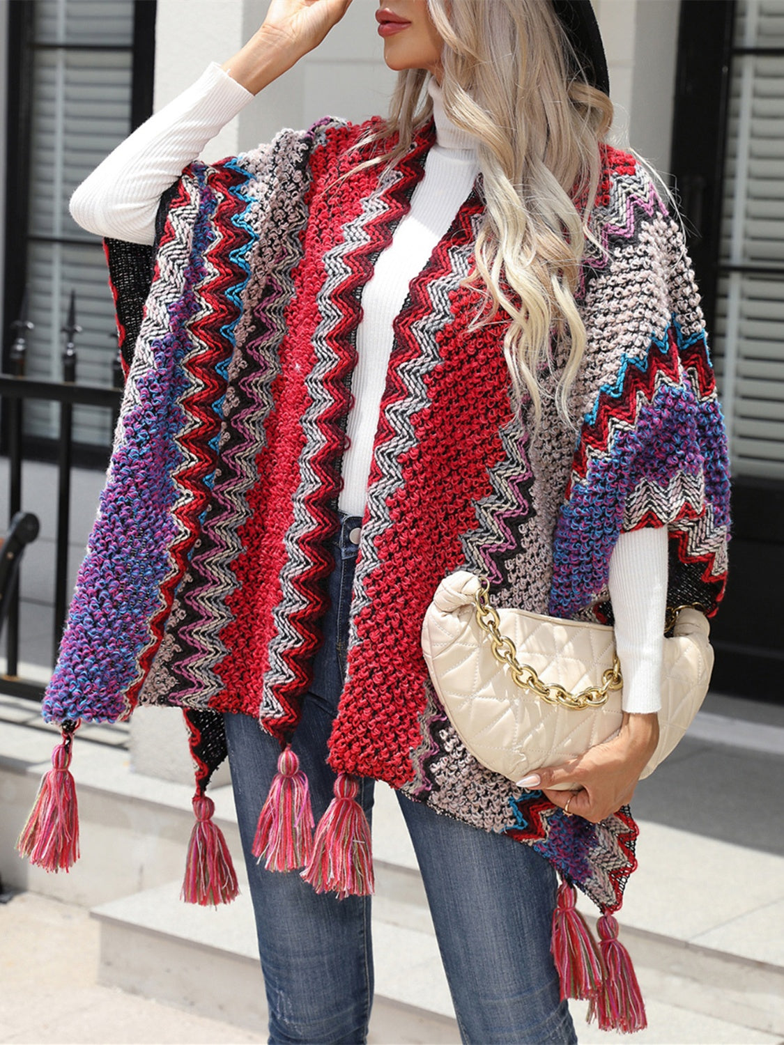 Striped Open Front Poncho with Tassels