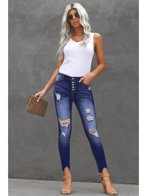 Button Front Frayed Ankle Skinny Jeans Denim Jeans LoveAdora