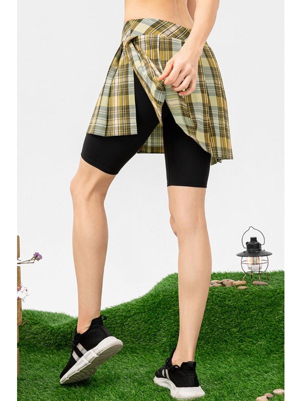 Plaid Faux Layered Sports Culottes Activewear LoveAdora