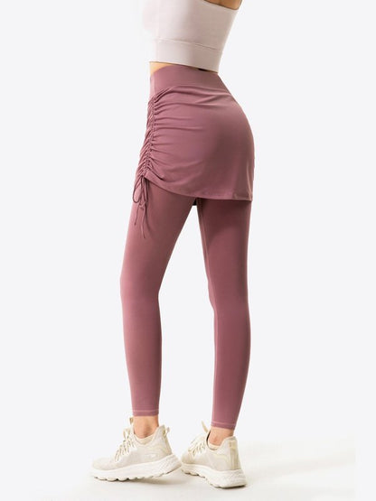 Drawstring Ruched Faux Layered Yoga Leggings Activewear LoveAdora