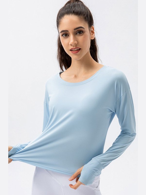 Breathable Round Neck Dropped Shoulder Top Activewear LoveAdora