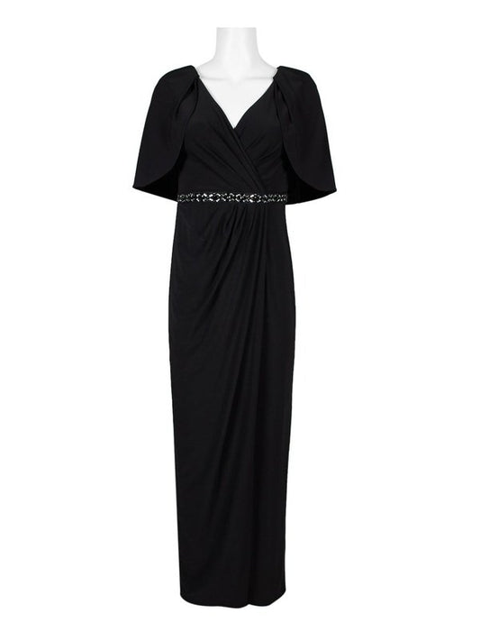 Adrianna Papell V-Neck Cape Sleeve Embellished Waist Ruched Front Formal Dress LoveAdora