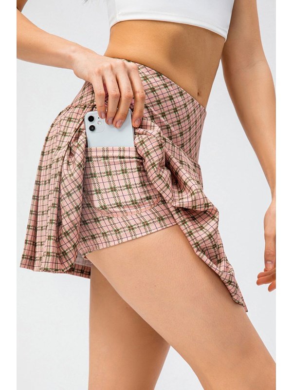 Plaid Pleated Athletic Skort with Pockets Activewear LoveAdora