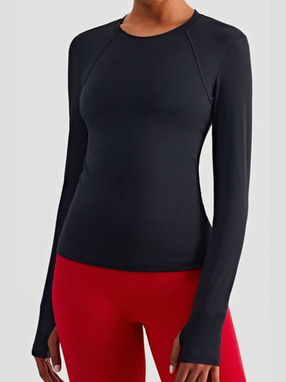 Round Neck Thumbhole Sleeve Sports Top Activewear LoveAdora