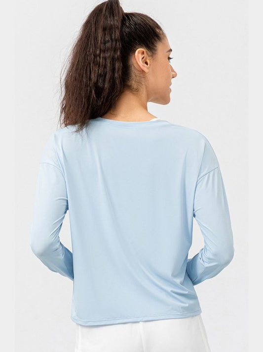 Breathable Round Neck Dropped Shoulder Top Activewear LoveAdora