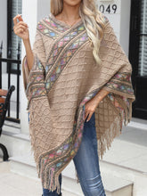 Load image into Gallery viewer, Contrast V-Neck Poncho with Fringes Ponchos LoveAdora