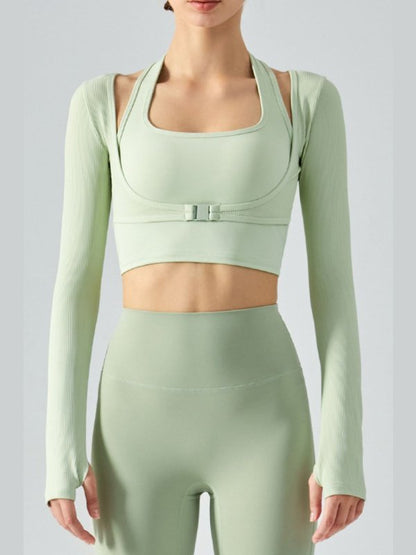 Ribbed Faux Layered Halter Neck Cropped Sports Top Activewear LoveAdora