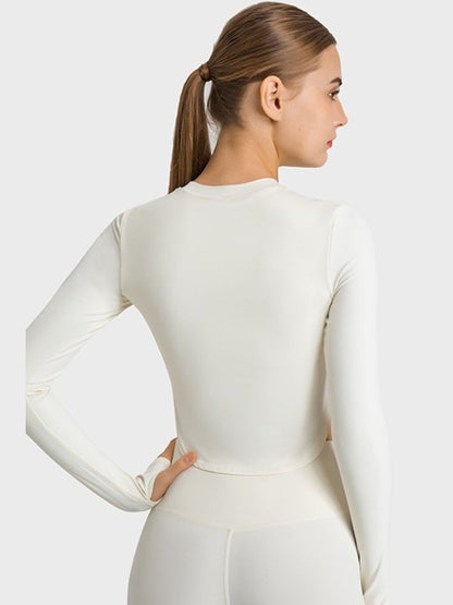 Side Slit Long Sleeve Round Neck Crop Top Activewear LoveAdora