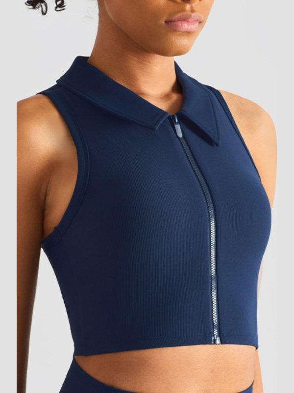 Zip Up Collared Cropped Sports Top Activewear LoveAdora