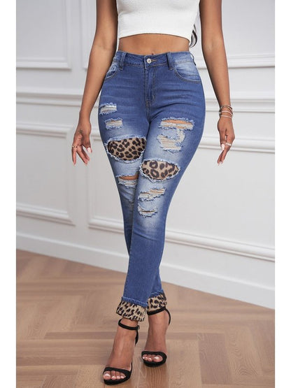 Leopard Patchwork Distressed Jeans Denim Jeans LoveAdora