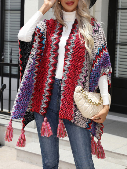 Striped Open Front Poncho with Tassels Ponchos LoveAdora