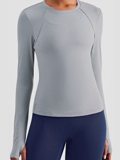 Round Neck Thumbhole Sleeve Sports Top Activewear LoveAdora