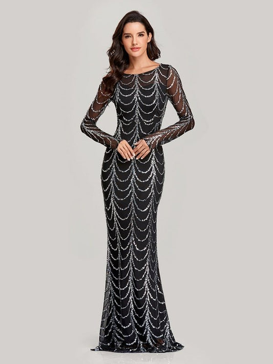 Sequin Round Neck Long Sleeve Fishtail Dress Evening Gown LoveAdora