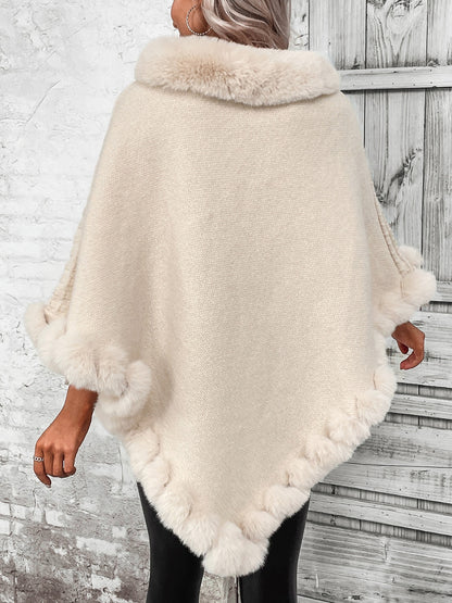 Faux Fur Trim Poncho Ponchos LoveAdora