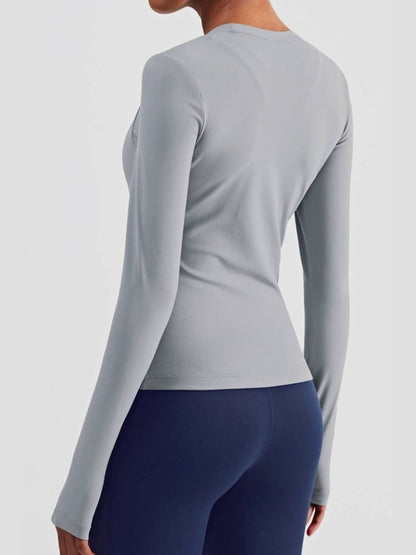 Round Neck Thumbhole Sleeve Sports Top Activewear LoveAdora