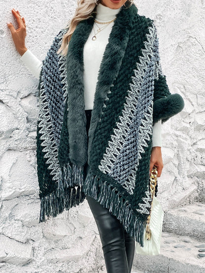 Striped Fringe Hem Poncho Ponchos LoveAdora