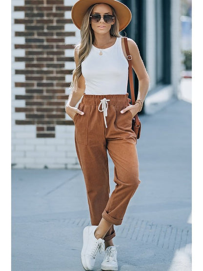 Drawstring Waist Corduroy Pants with Pockets Pants LoveAdora