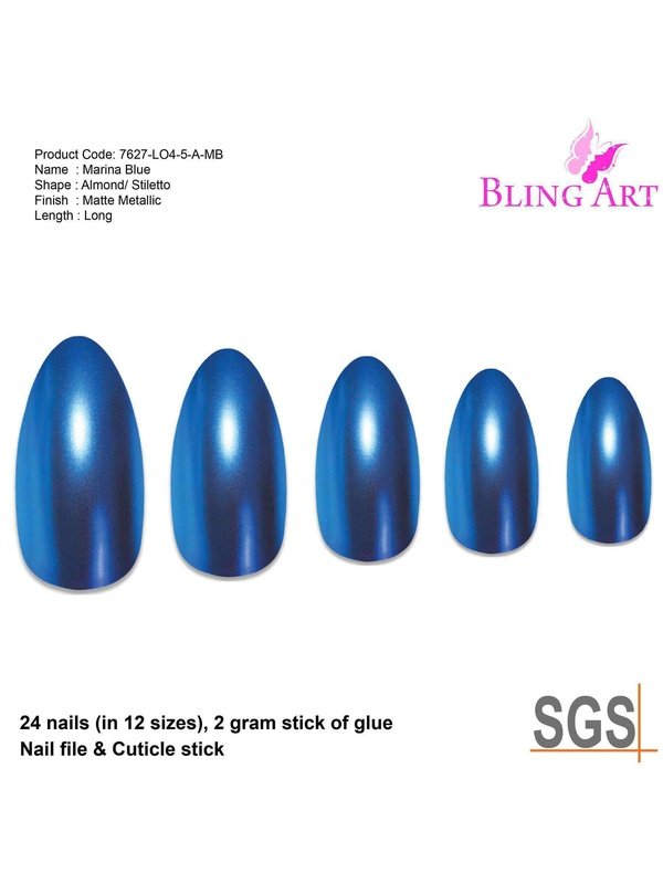 False Nails by Bling Art Blue Matte Metallic Almond Stiletto Fake Nails LoveAdora
