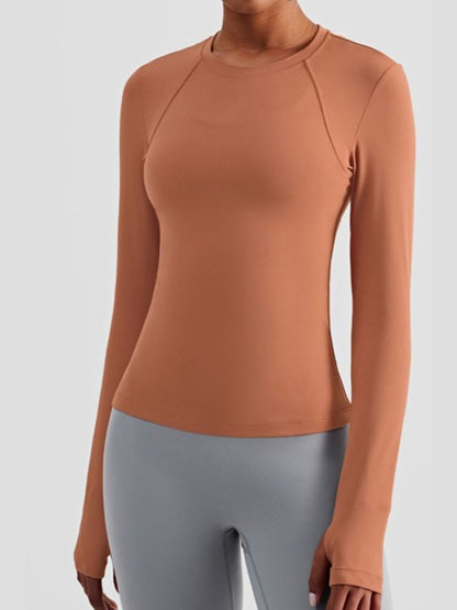 Round Neck Thumbhole Sleeve Sports Top Activewear LoveAdora