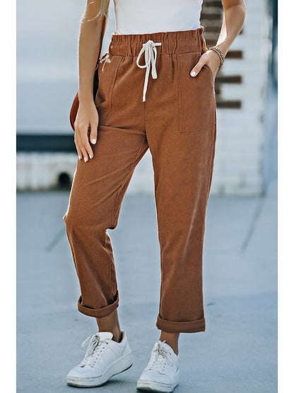 Drawstring Waist Corduroy Pants with Pockets Pants LoveAdora