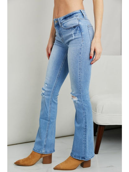 Zenana Distressed Flare Jeans Denim Jeans LoveAdora