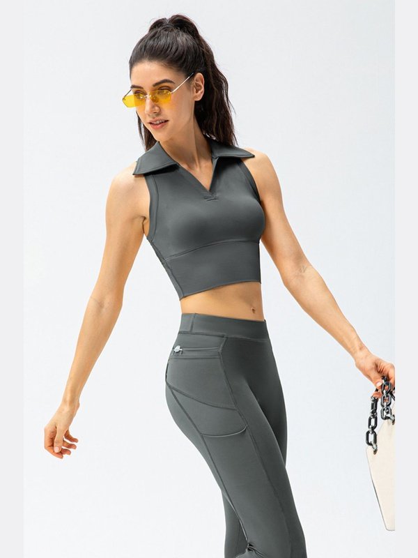 Cropped Collared Yoga Tank Activewear LoveAdora