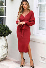 Load image into Gallery viewer, Surplice Neck Bow Waist Slit Sweater Dress