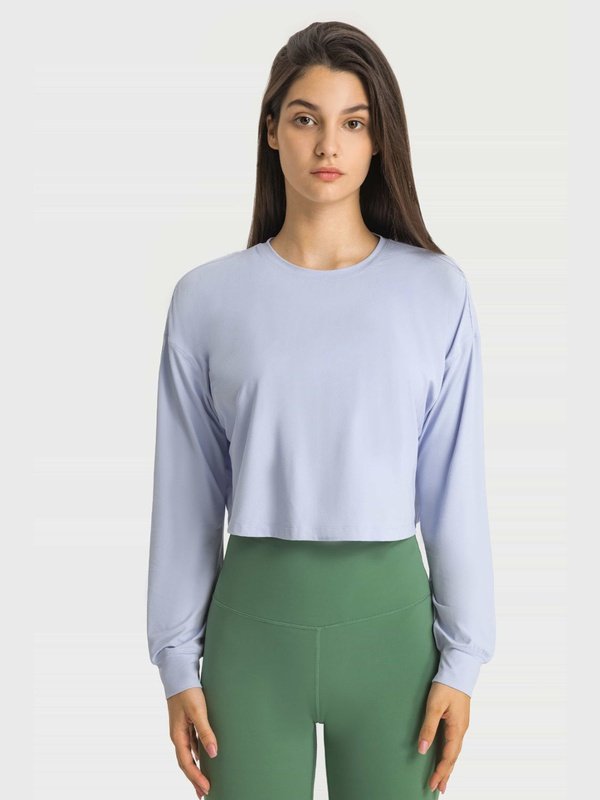 Dropped Shoulder Round Neck Cropped Sports Top Activewear LoveAdora