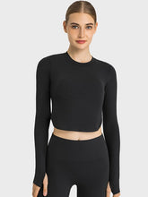 Load image into Gallery viewer, Side Slit Long Sleeve Round Neck Crop Top Activewear LoveAdora