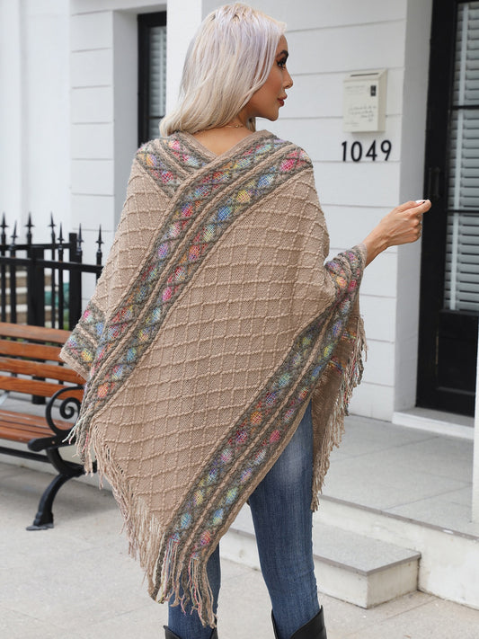 Contrast V-Neck Poncho with Fringes Ponchos LoveAdora