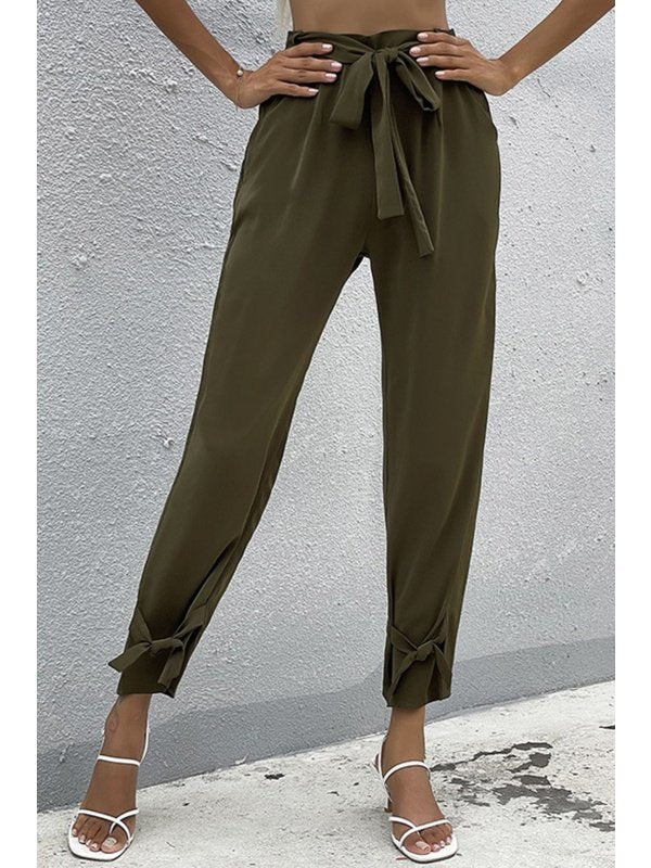 Tie Detail Belted Pants with Pockets Pants LoveAdora