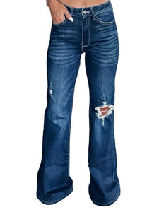 Asymmetrical Open Knee Distressed Flare Jeans Denim Jeans LoveAdora