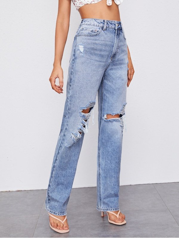 High-Waisted Distressed Straight Leg Jeans with Pockets Denim Jeans LoveAdora